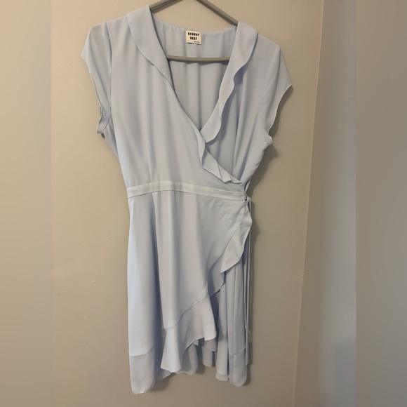 Aritzia Sunday Best Mini Wrap Dress in baby blue - Picture 1 of 4
